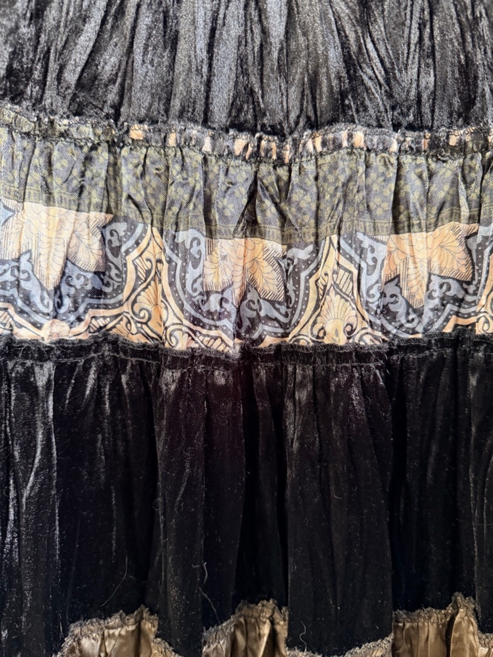 Boho Tiered Velvet Patchwork Maxi Skirt Denim Waist Cottagecore Festival Large - Picture 4 of 7